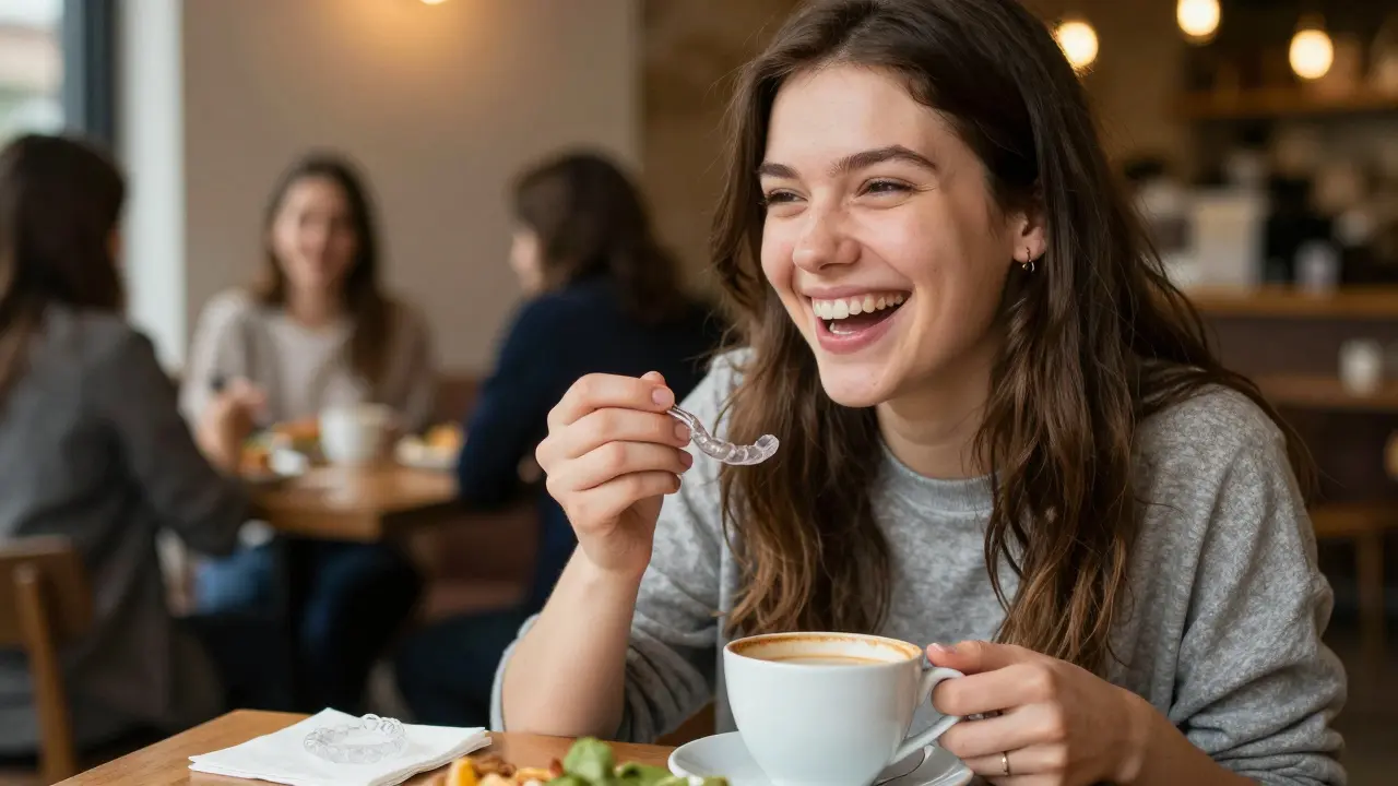 Žena se sundanými clear alignery na stole v kavárně, směje se během jídla.