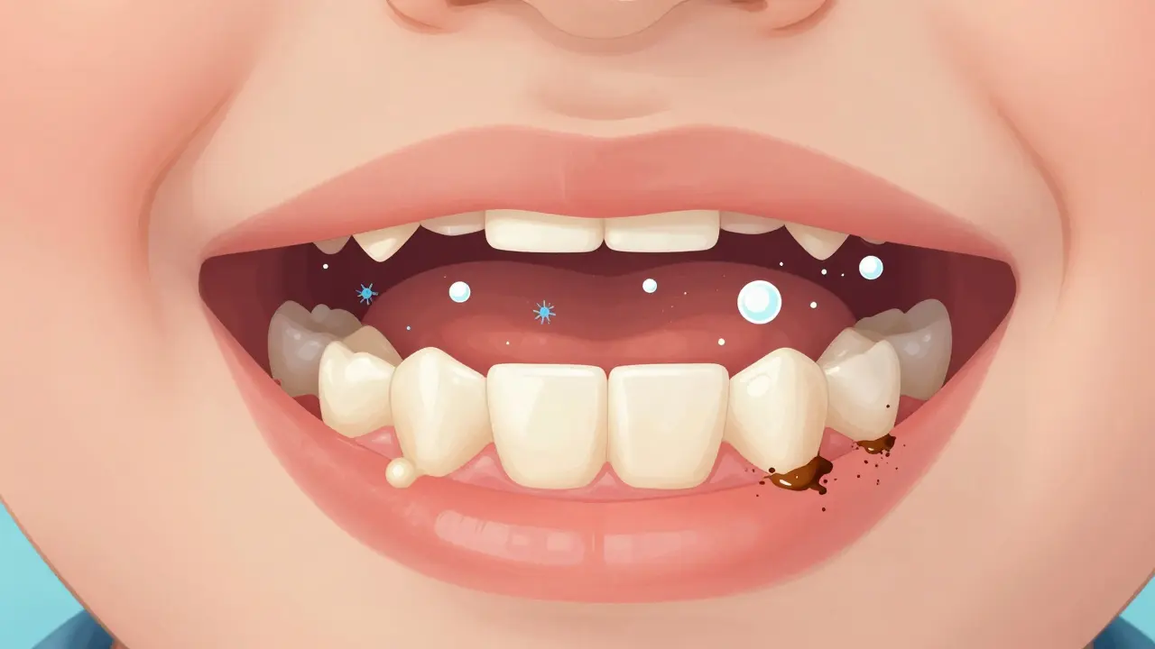 Zjednodušený náčrt vnitřní části dětského ústního ústrojí s plakem a zubním kamenem na zubech