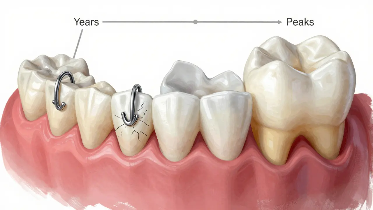 Zubní čelist s porovnáním poškození zubů od protézy a ochrany korunkou.
