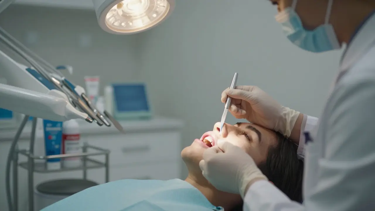 Zubní lékař aplikuje fluoridový gel pacientovi po bělení zubů.