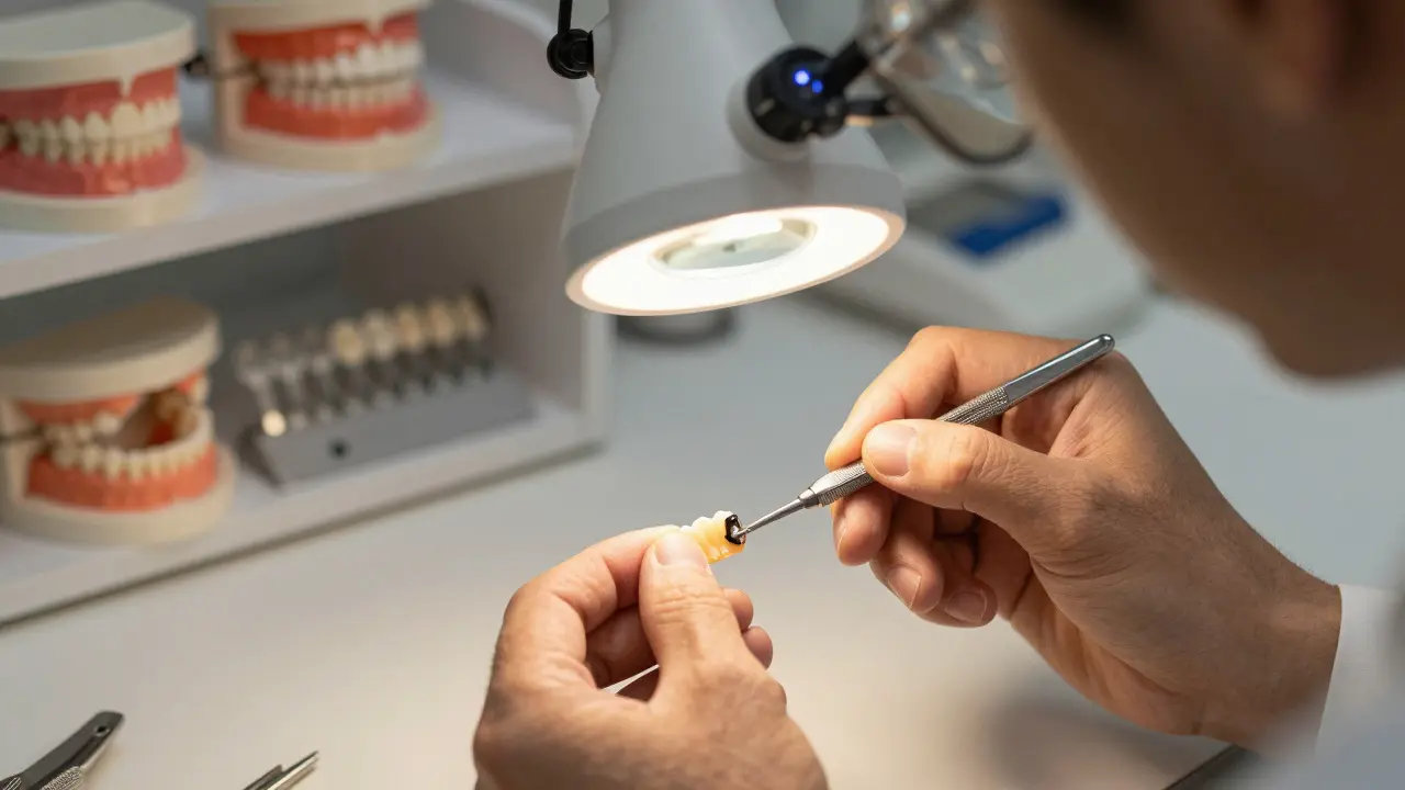 Zubní technik v laboratoři přesně tvaruje keramický můstek pod magnifikací.