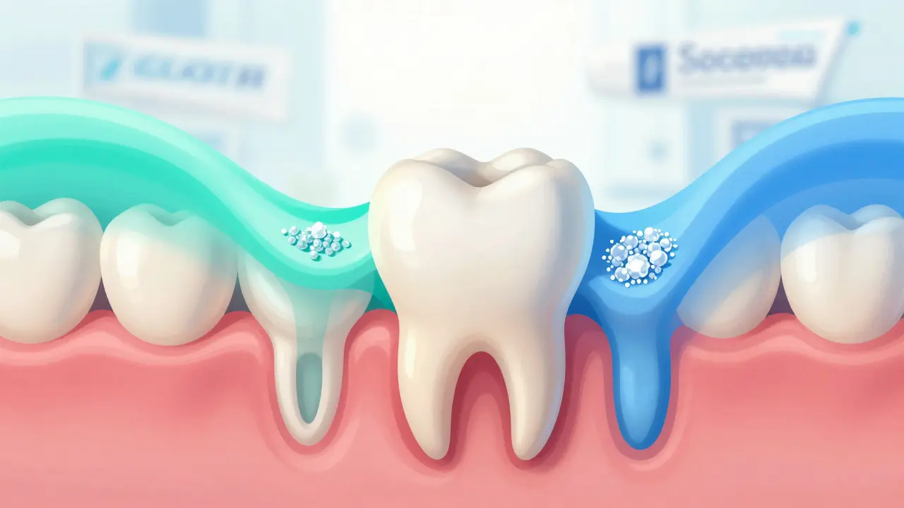 Zvětšený řez zubem s otevřenými kanálky a zavřenými pomocí látek z pasty.