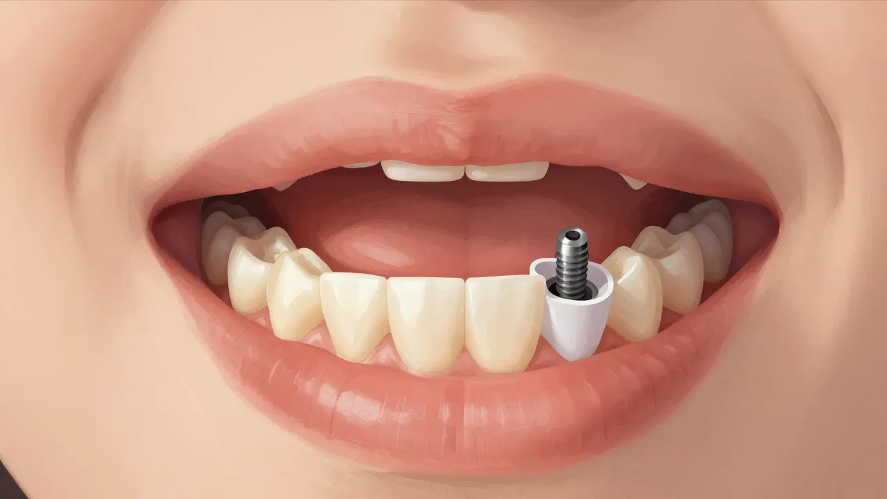 Close-up of dental impression being taken with putty mold around implant and teeth.