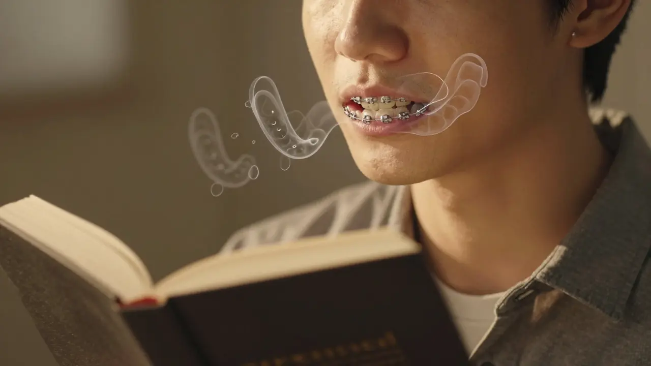 Člověk čte nahlas s odstraněnými rovnátky, zatímco průhledné stíny původních rovnátek ještě obklopují ústa.