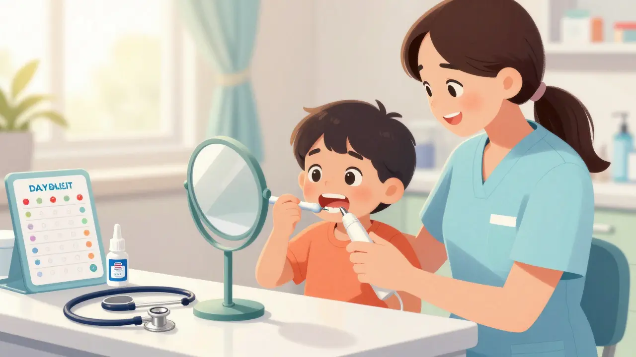 Dětský zubní hygienista ukazuje dítěti čisté zuby ve zrcadle po očištění.