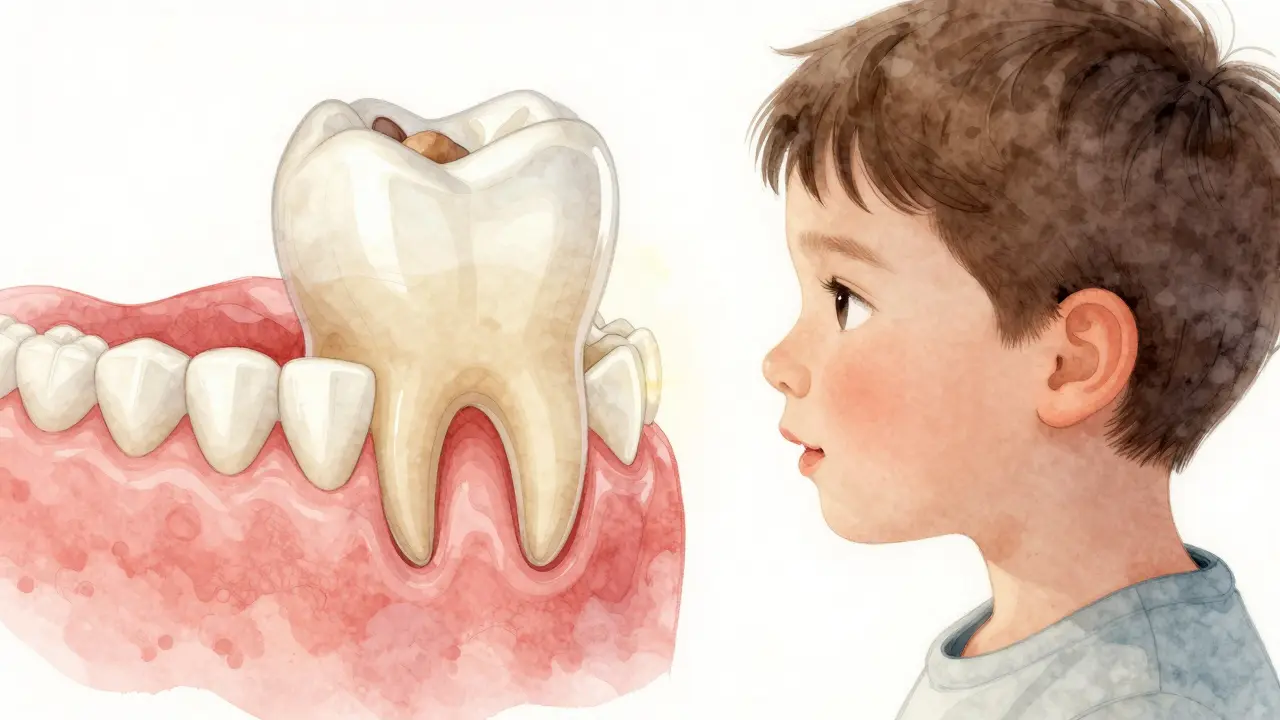 Dítě ve věku 6 let s prvním trvalým molárem, který proráží dásň.