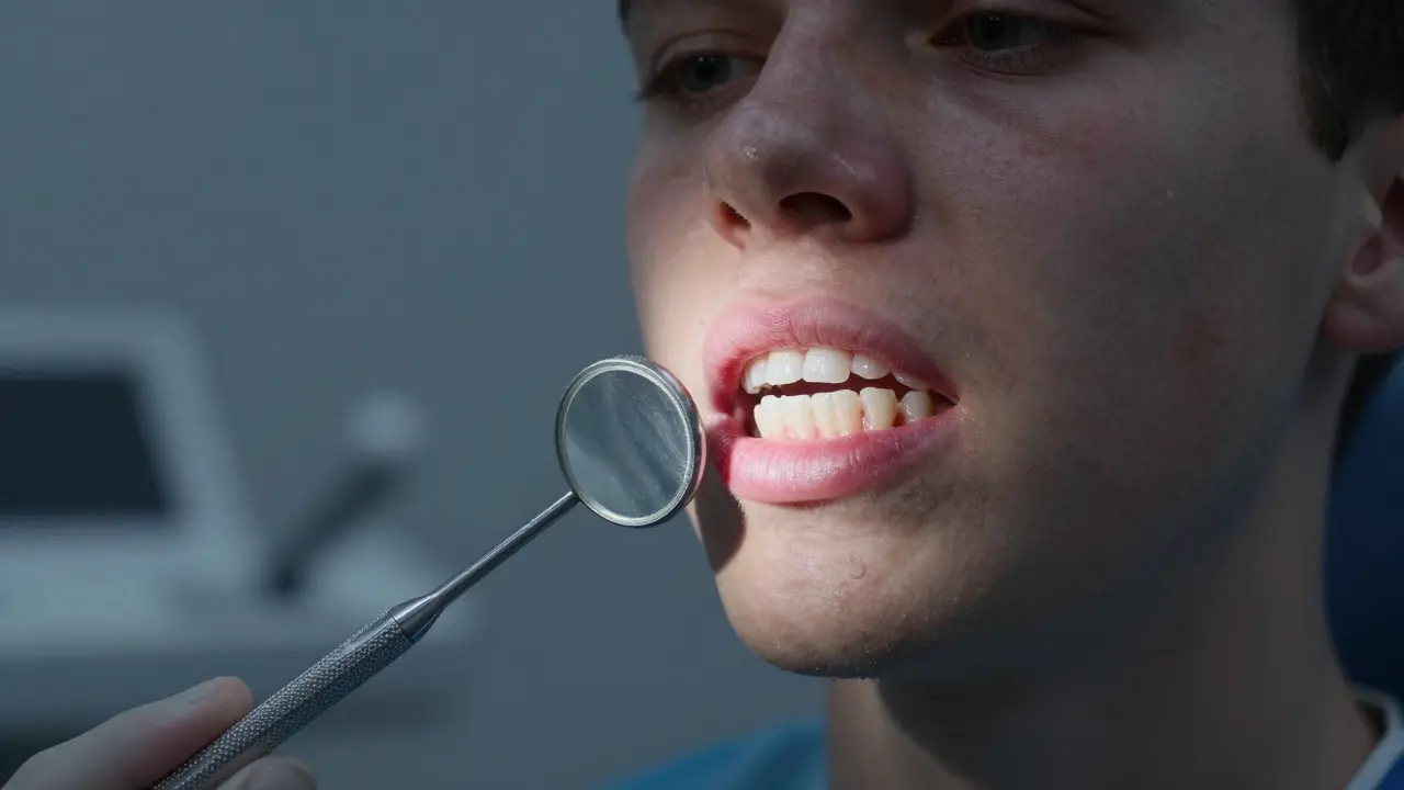 Dospívající s částečně vyrůstajícím zoubkem a oteklou dásní.