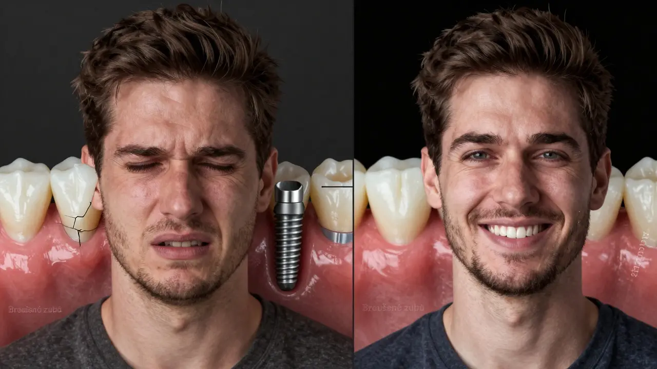 Dvě paralelní scény: selhání implantátu vlevo a úspěšně nastavený implantát vpravo s důrazem na broušení jako klíčový krok.