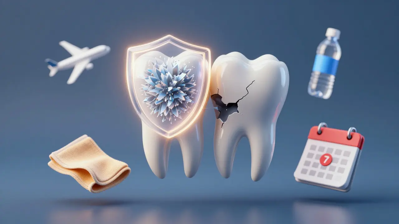 Intaktní a poškozený přední zub s příznaky citlivosti a ochrannými prvky.