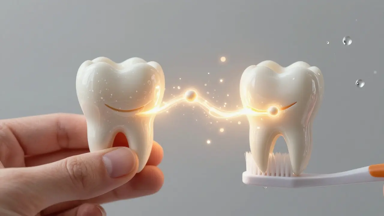 Kontrast mezi poškozeným a obnoveným zubem s proudem minerálů obnovujících sklovinku.