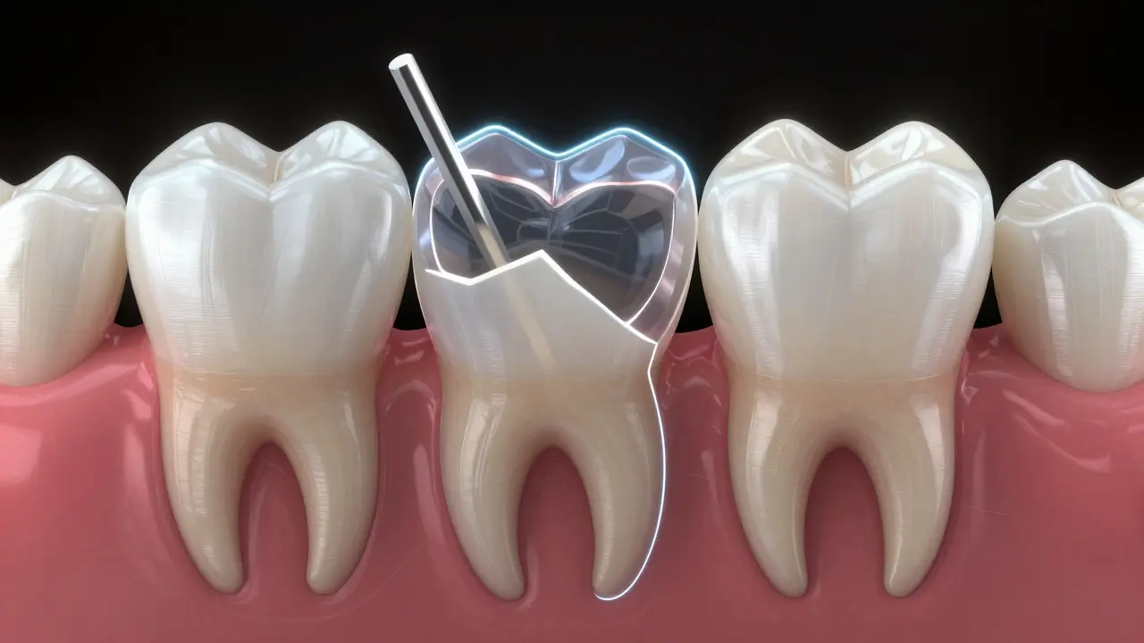Krok za krokem rekonstrukce zubu: kolík, jádro a korunka v průhledných vrstvách.