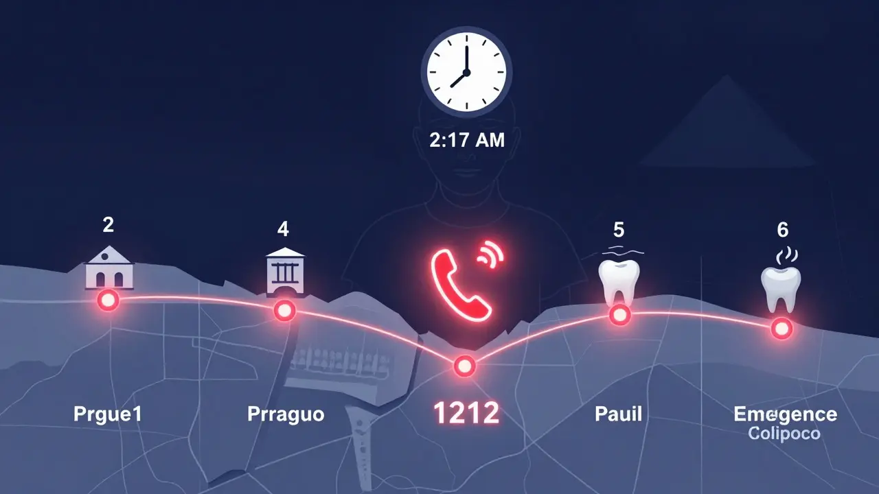 Mapa Prahy s pěti značenými klinikami zubní pohotovosti a centrálním telefonem 1212, v noci.