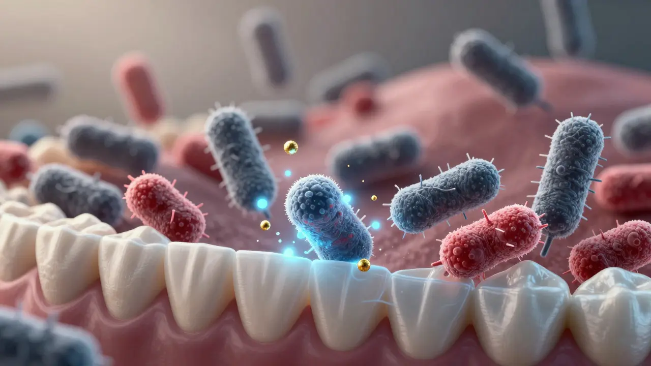 Mikroskopický obraz bakterií bojujících proti ústní vodě, která tvoří ochrannou vrstvu na zubech.