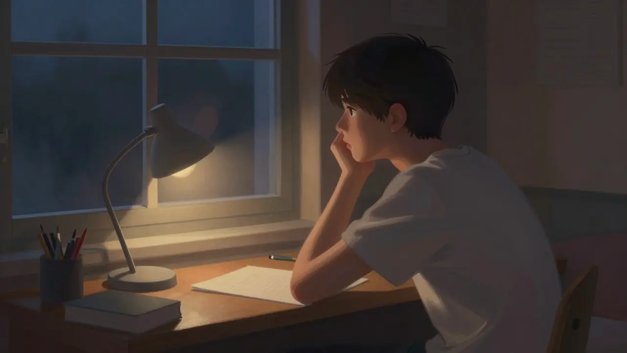 Mladý člověk se dívá do zrcadla v temném pokoji.