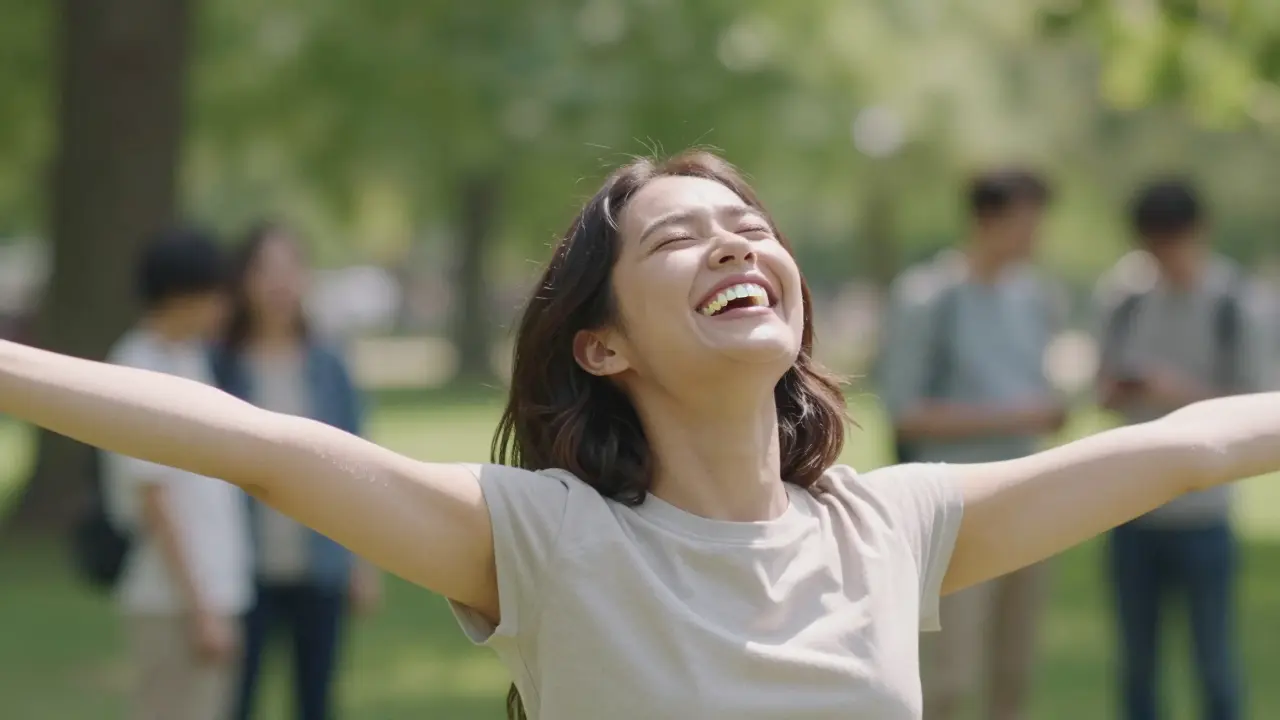 Osoba veselo směje v parku, její úsměv je přirozený, nikdo nevidí, že má náhradu.