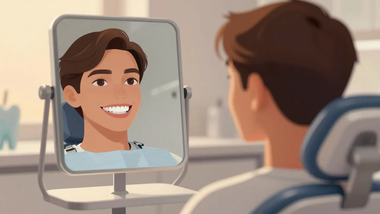 Pacient v zubní klinice se dívá do zrcadla, kde je vidět původní zub pod veneerem.