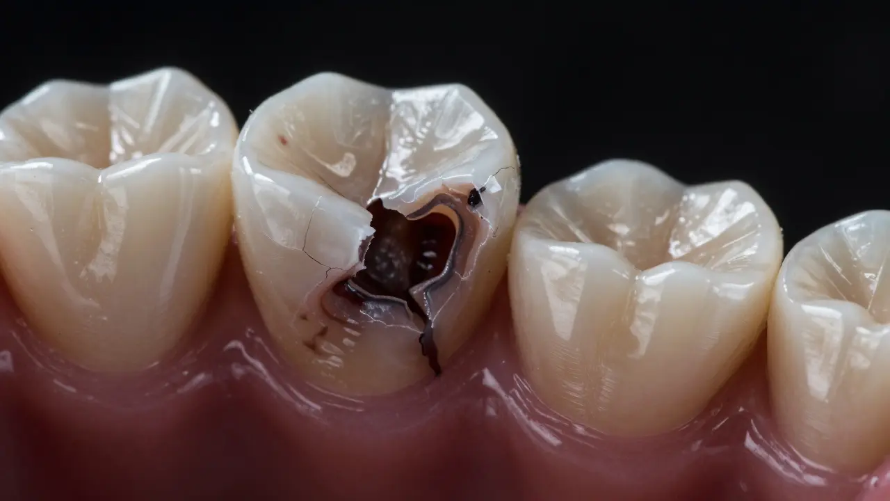 Poškozený veneer odhaluje kazy pod ním, vedle něj leží původní fotografie zubu.