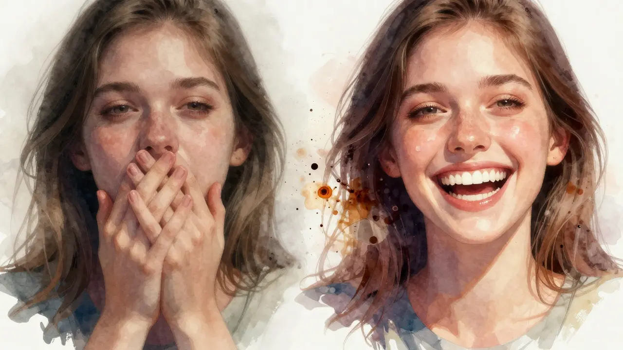 Před a po: jedna osoba zakrývá ústa, druhá se volně směje s čistými zuby.