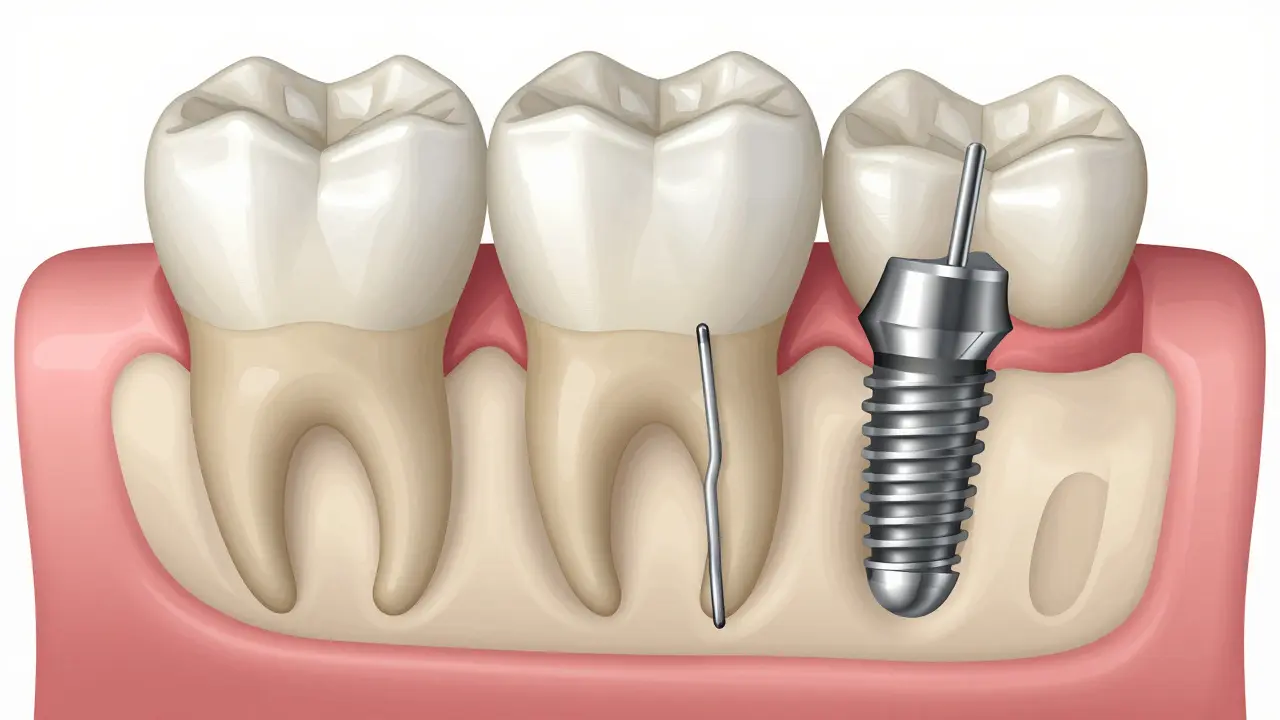 Přehled tří typů podkladů pro zubní korunku: přirozený kořen, kolík a implantát.