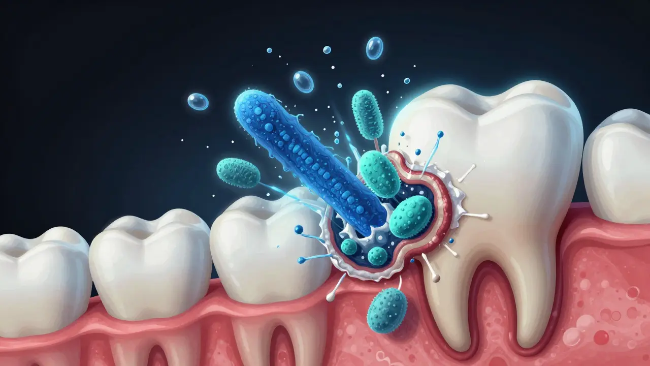 Příčný řez zubem, kde ultrazvukové vlny ničí bakteriální biofilm na povrchu skloviny.