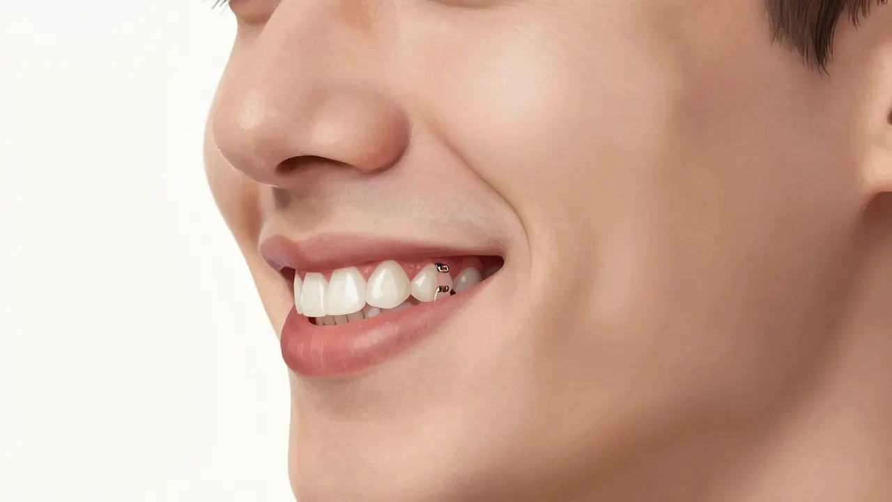 Profilový pohled na obličej s náhradou chybějících zubů, která přirozeně navazuje na zbylé zuby.