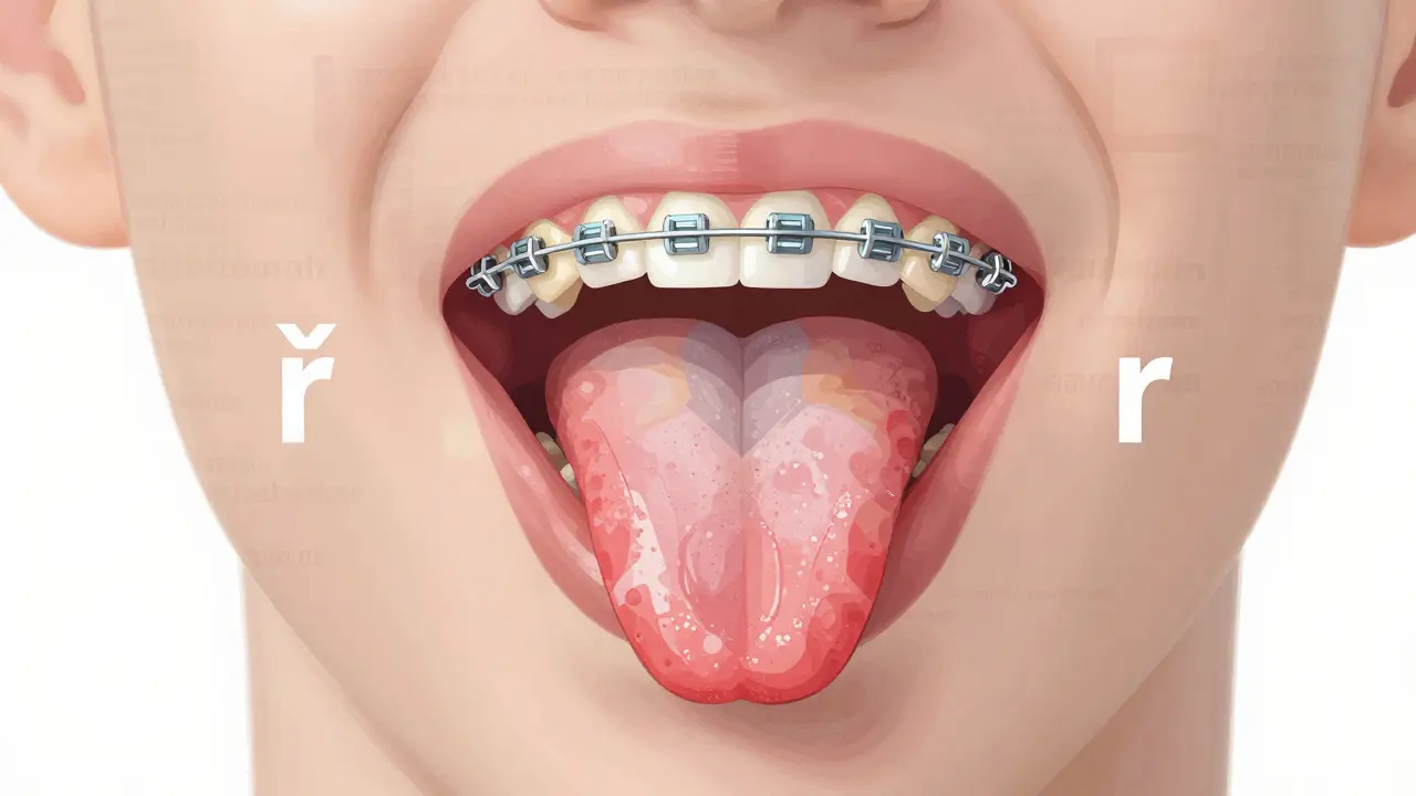 Průhledný náčrt jazyka a čelisti s označenými body kontaktu pro české hlásky při nosení rovnátek.