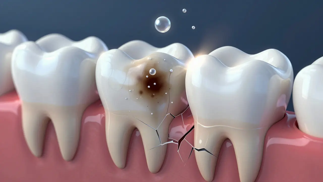 Průřez zubu ukazující, jak peroxid rozkládá pigmenty, ale také poškozuje sklovinku při přílišném použití.