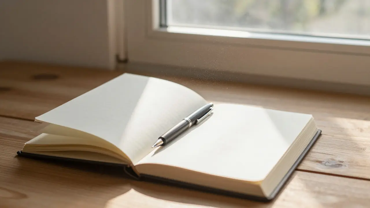 Ranní světlo na stole s otevřeným deníkem a psacím potřebami.