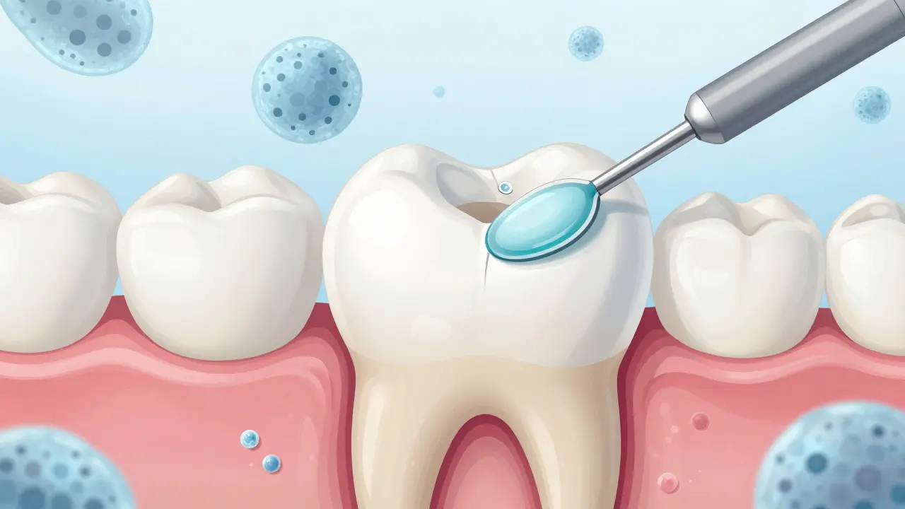 Řez zubem ukazující demineralizaci sklovinky a aplikaci fluoridového gelu.