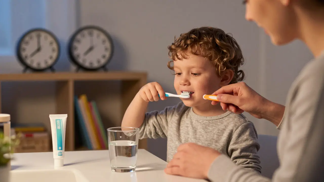 Rodič čistí zuby malému dítěti ve večerní atmosféře.