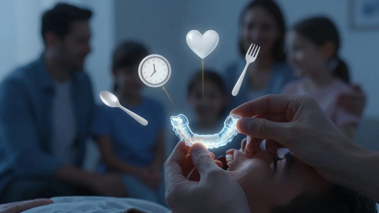 Ruce vkládají nasazovací zubní protézu do úst, kolem nich plavou symboly zdraví, jídla a sebevědomí.