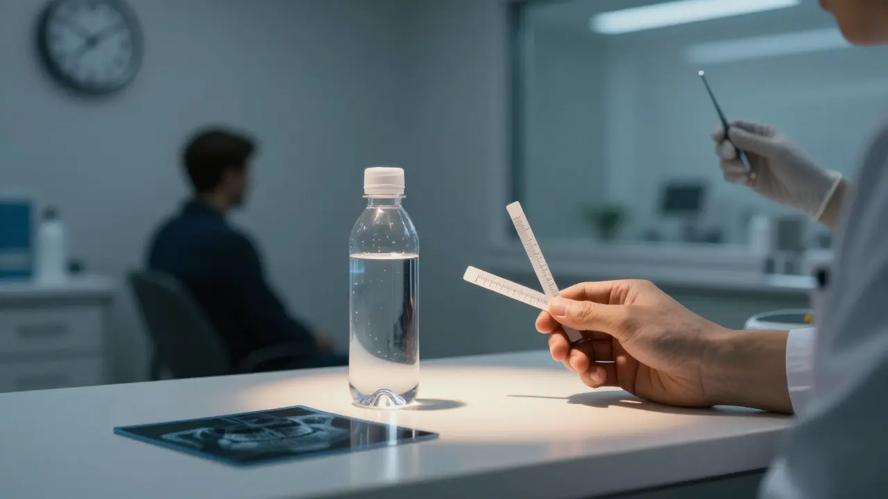 Ruka drží láhev s vodou a zubní rentgen, za tímto v pozadí je hodiny ukazující noční dobu.
