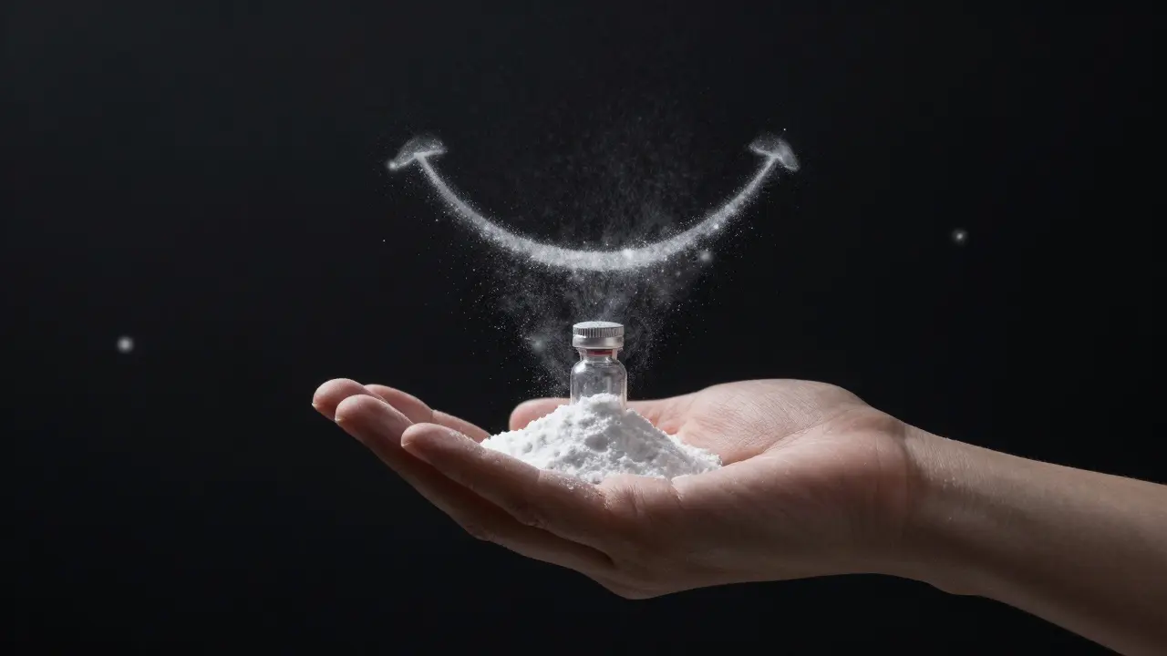 Ruka drží prášek, který tvoří tvar úsměvu, symbolizující přeměnu.