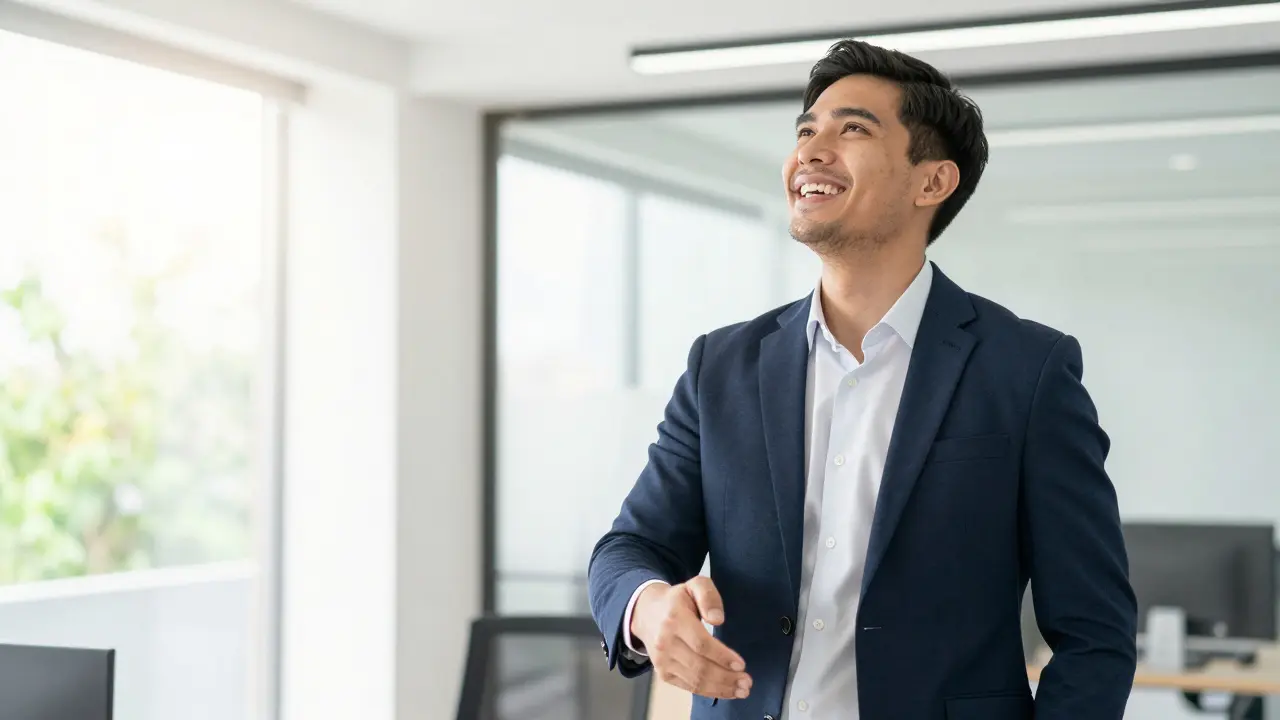 Sebedůvěrný profesionál s úsměvem v kanceláři.