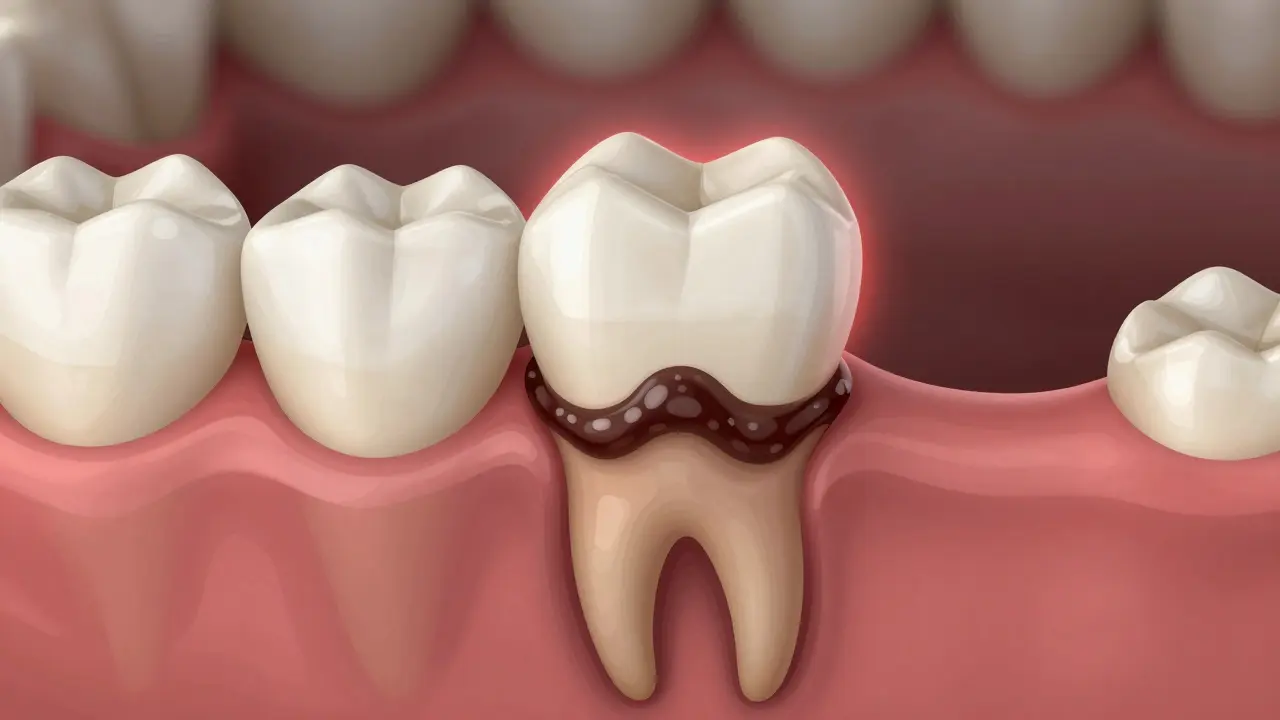 Skrytý zubní kámen pod dásní postupně poškozuje kost a způsobuje zánět.