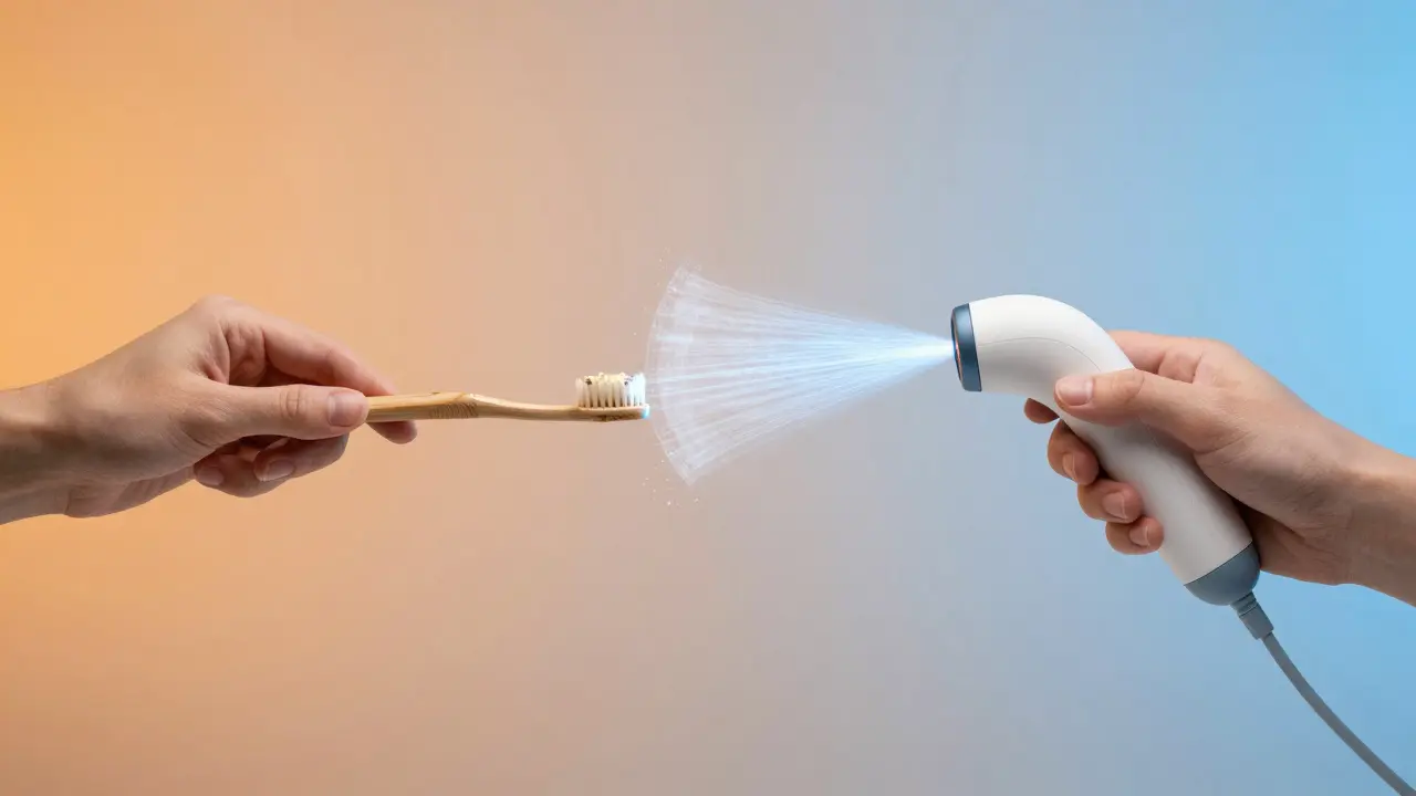 Srovnání tradičního kartáčku a ultrazvukového čističe – jeden zanechává plak, druhý ho odstraňuje.