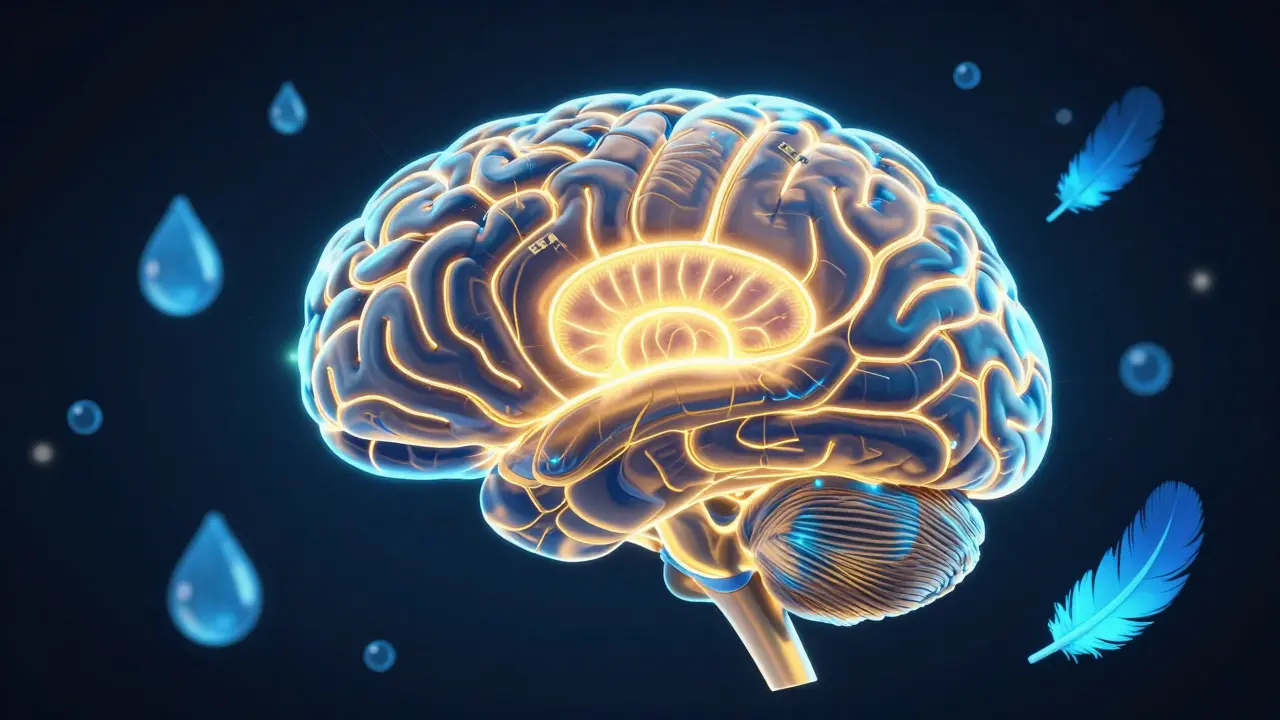 Světící se anatomický model mozku s barvami neuronové aktivity.