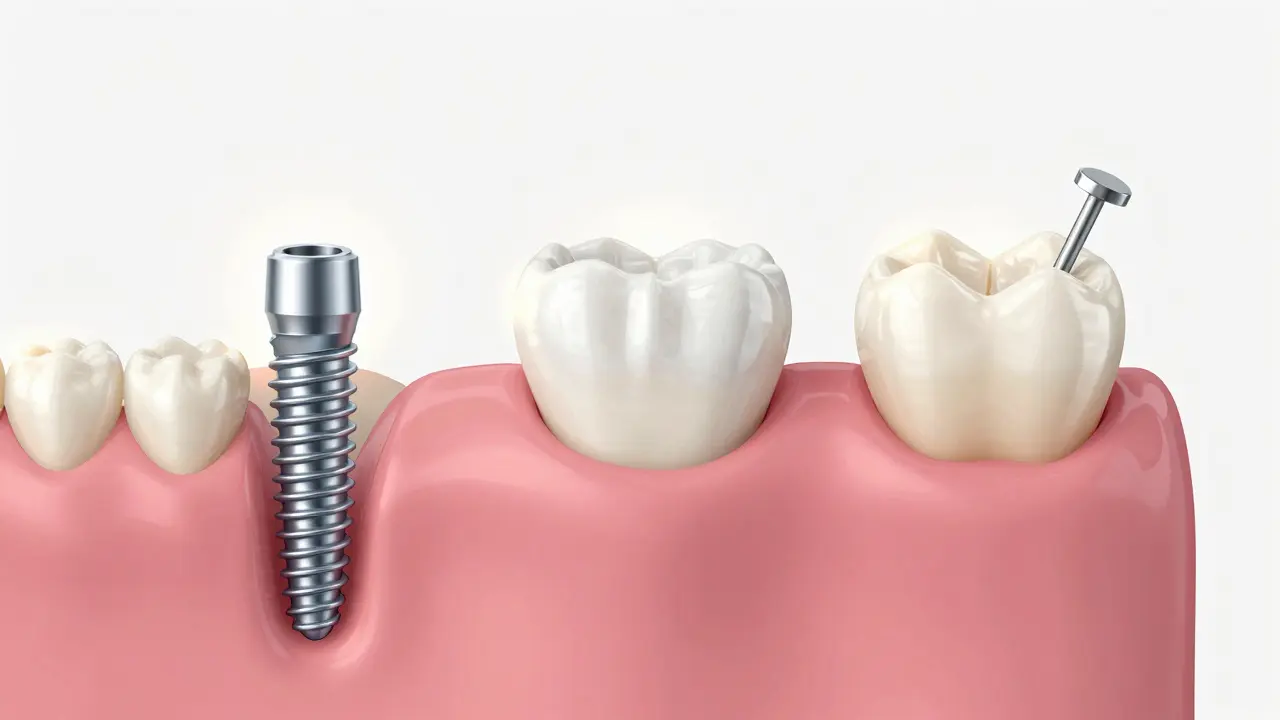 Timeline showing dental implant healing stages from screw to final crown.