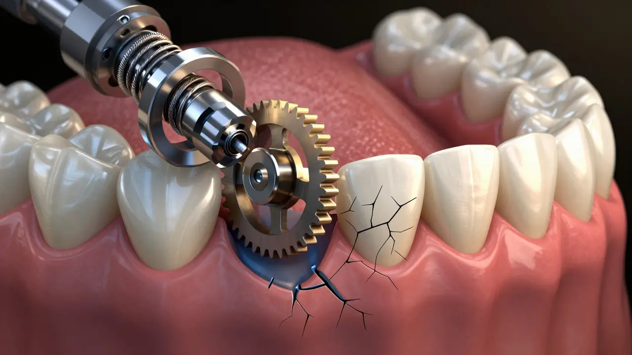 Umělá reprezentace zubního systému jako přesného stroje, kde nesprávné nastavení způsobuje poškození kosti.