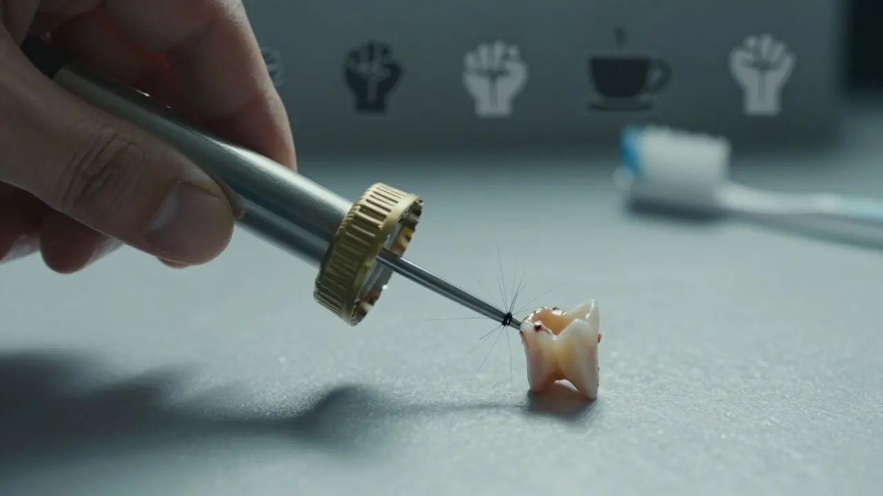 Velký přední zub se štěrbinou při lomení způsobeném mechanickým zatížením.