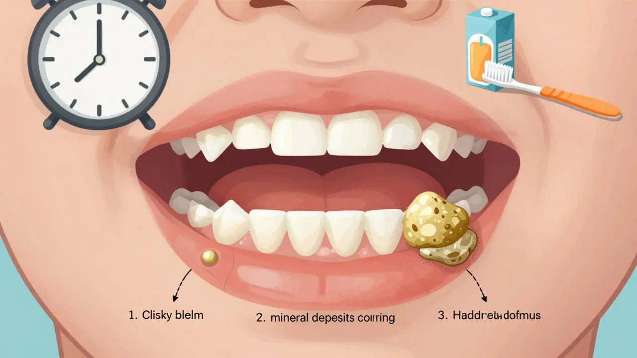 Vnitřní pohled na vývoj zubního kamene z plaku na mléčných zubech dítěte.