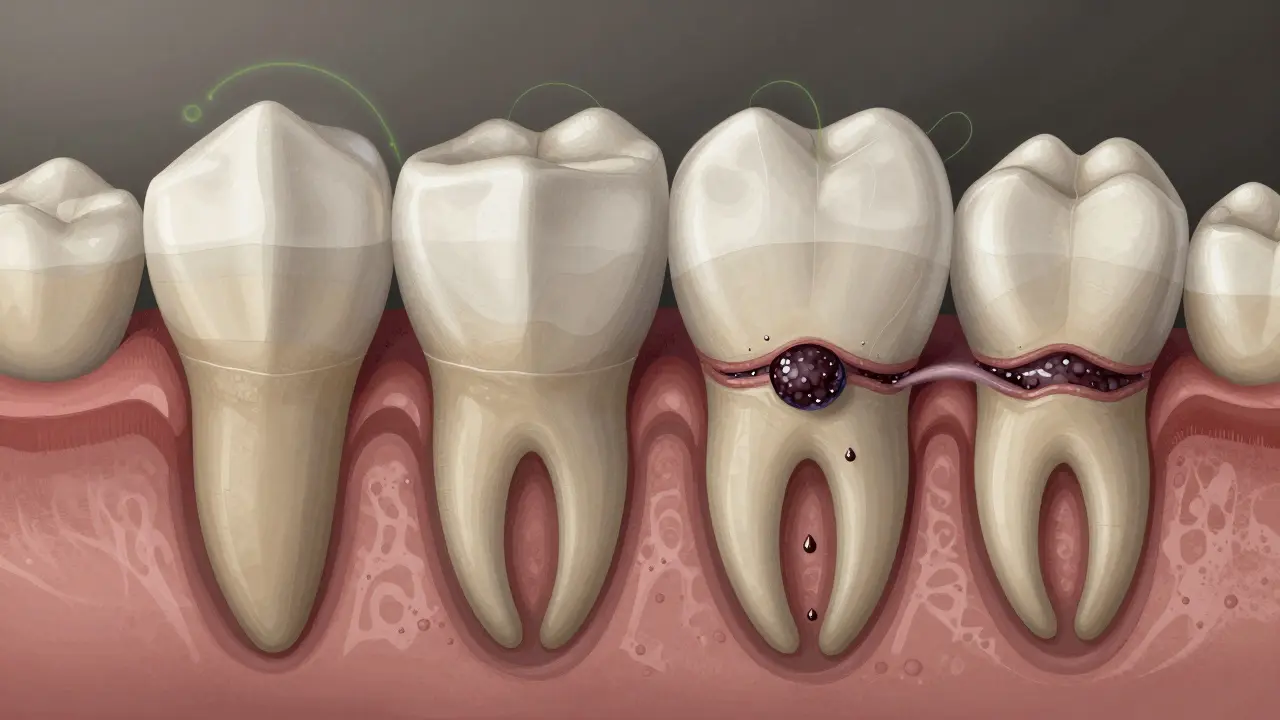 Vnitřní struktura čelistních zubů s kyselými tekutinami pronikajícími do jamek.