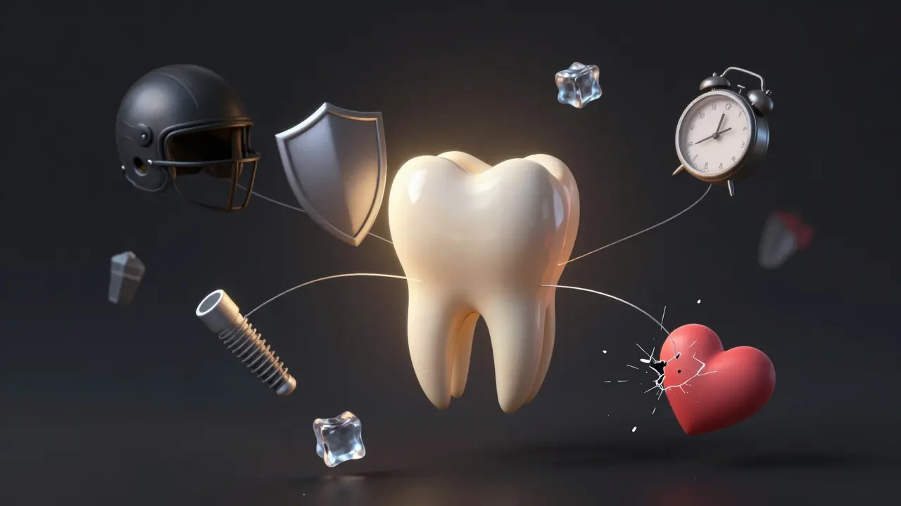Vysunutý zub ve středu s symboly ochrany, času a prevence.