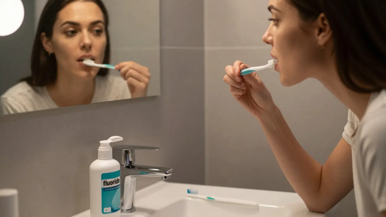 Žena večer v koupelně pláche ústní vodou, na stole jsou kartáček, nit a láhev s fluoridem.