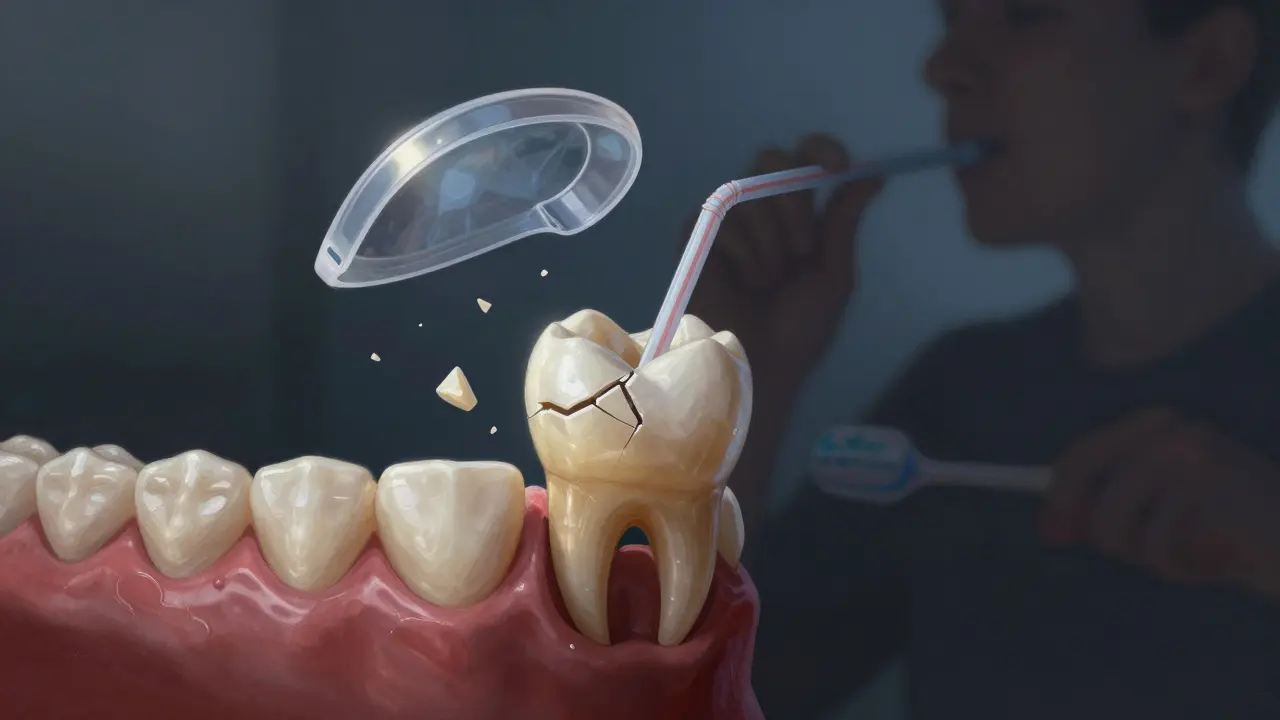 Zlomený zub s klenbou jako ochranou a prevencí v pozadí.