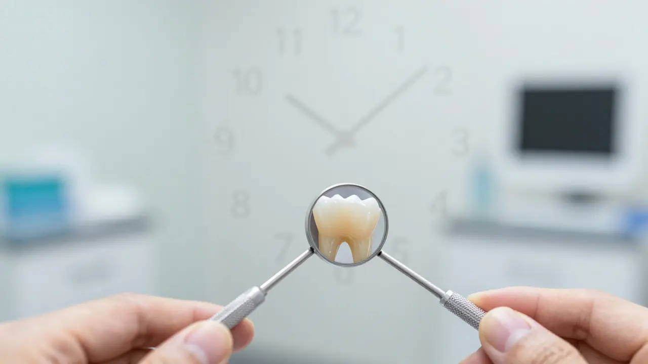 Zrcadlo odrazí dva zuby — jeden s novou výplní, druhý příliš vysoký, časový přechod 3-7 dní