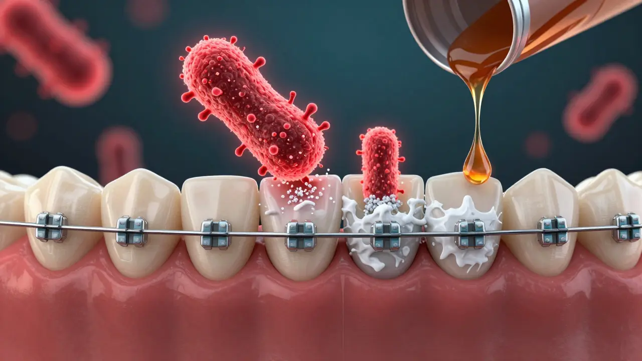 Zub s rovnátky: jedna polovina zdravá, druhá poškozená bílými skvrnami a nánosy bakterií.