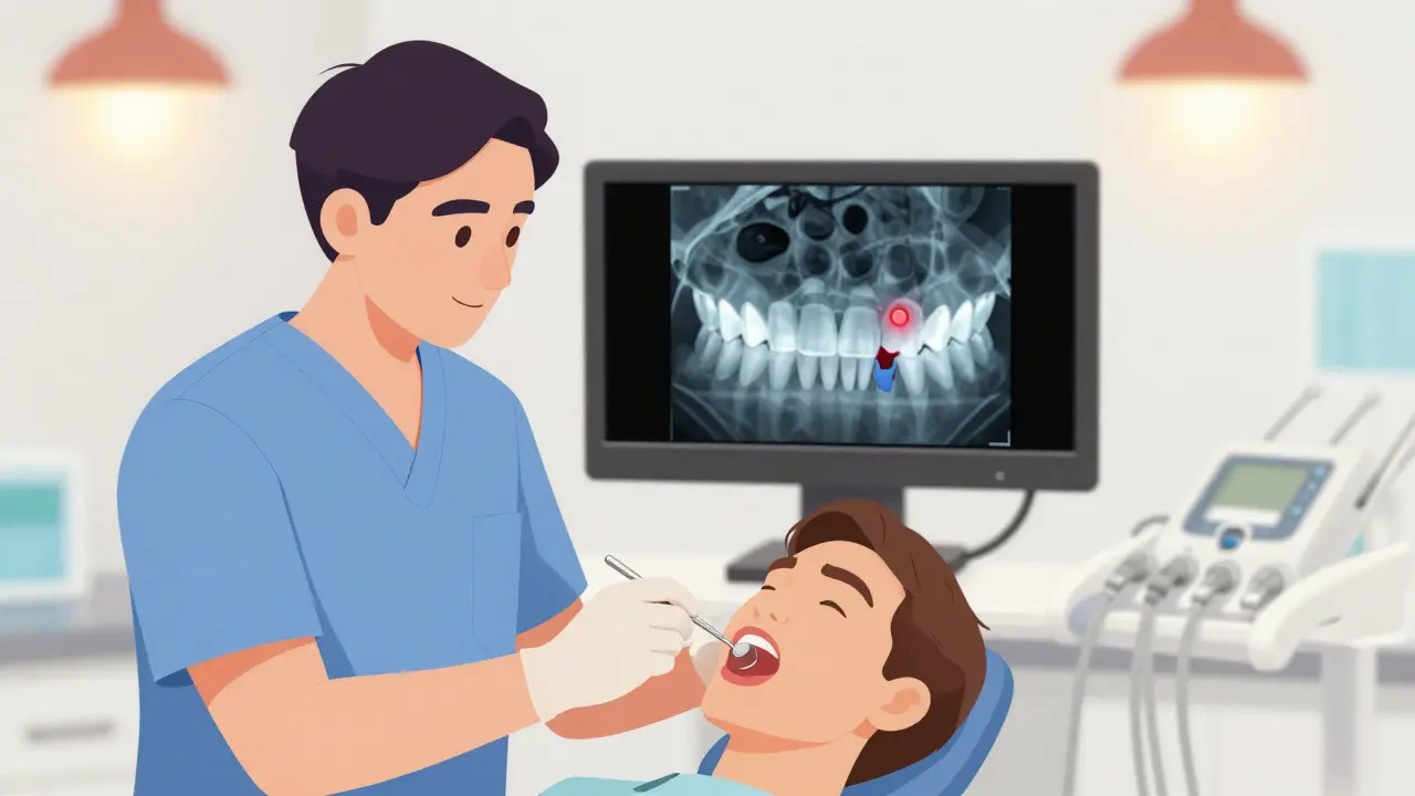 Zubař zkoumá rentgenové snímky při vyšetření