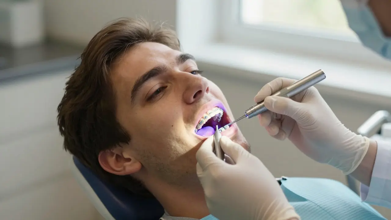 Zubní lékař používá speciální světlo k detekci bílých skvrn na zubech po sundání rovnátek.