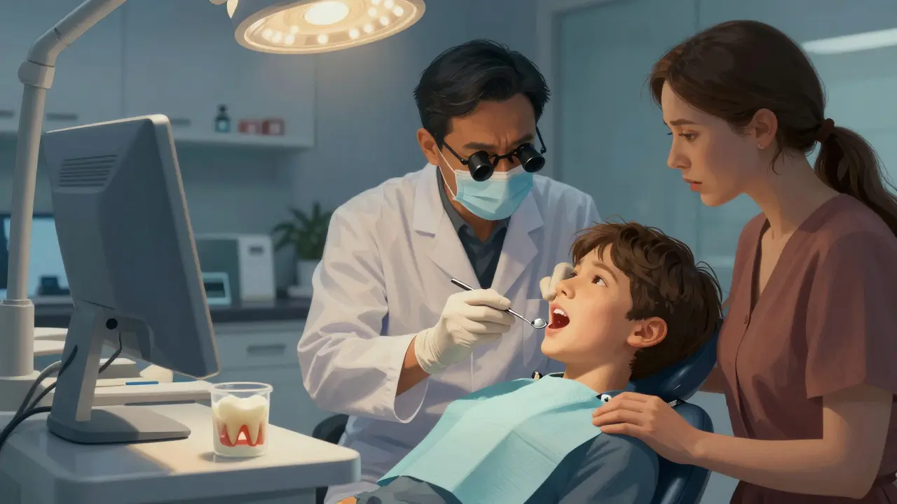 Zubní lékař vyšetřuje pacienta s rentgenem a mléčnou nádobou s uloženým zubem.